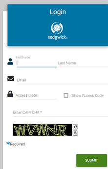 Sedgwick login interface prompts for first name, last name, email address, access code, and CAPTCHA, with submit button