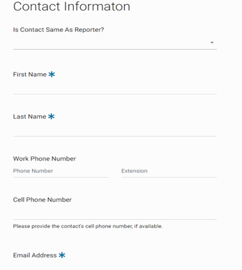 Contact information fields used if reporter is not also the departmental contact.  Required information is first name, last name, and email address.